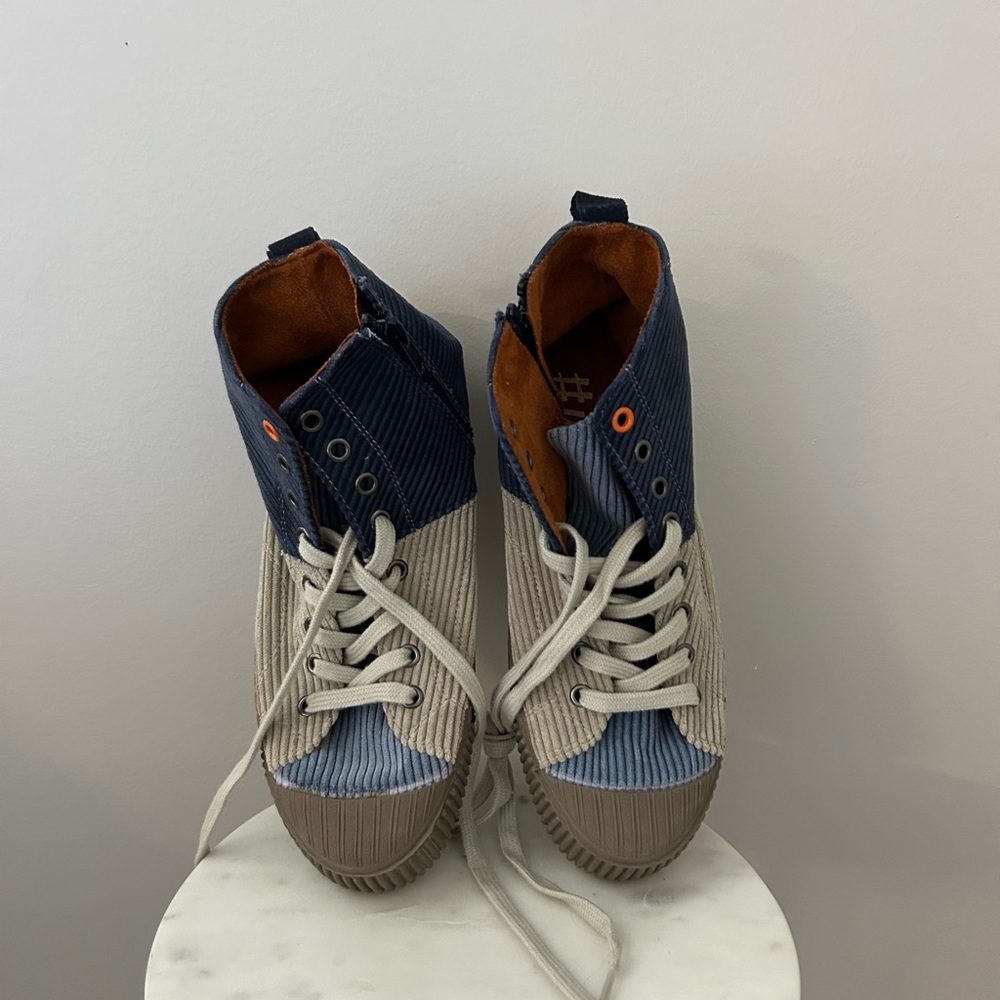 Blue and Beige High-Top Corduroy Boots/ Sneakers